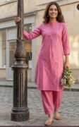 Women’s Pink Cotton Blend Kurta Pant Co-Ord Set | Solid Straight Kurta with Matching Pants
