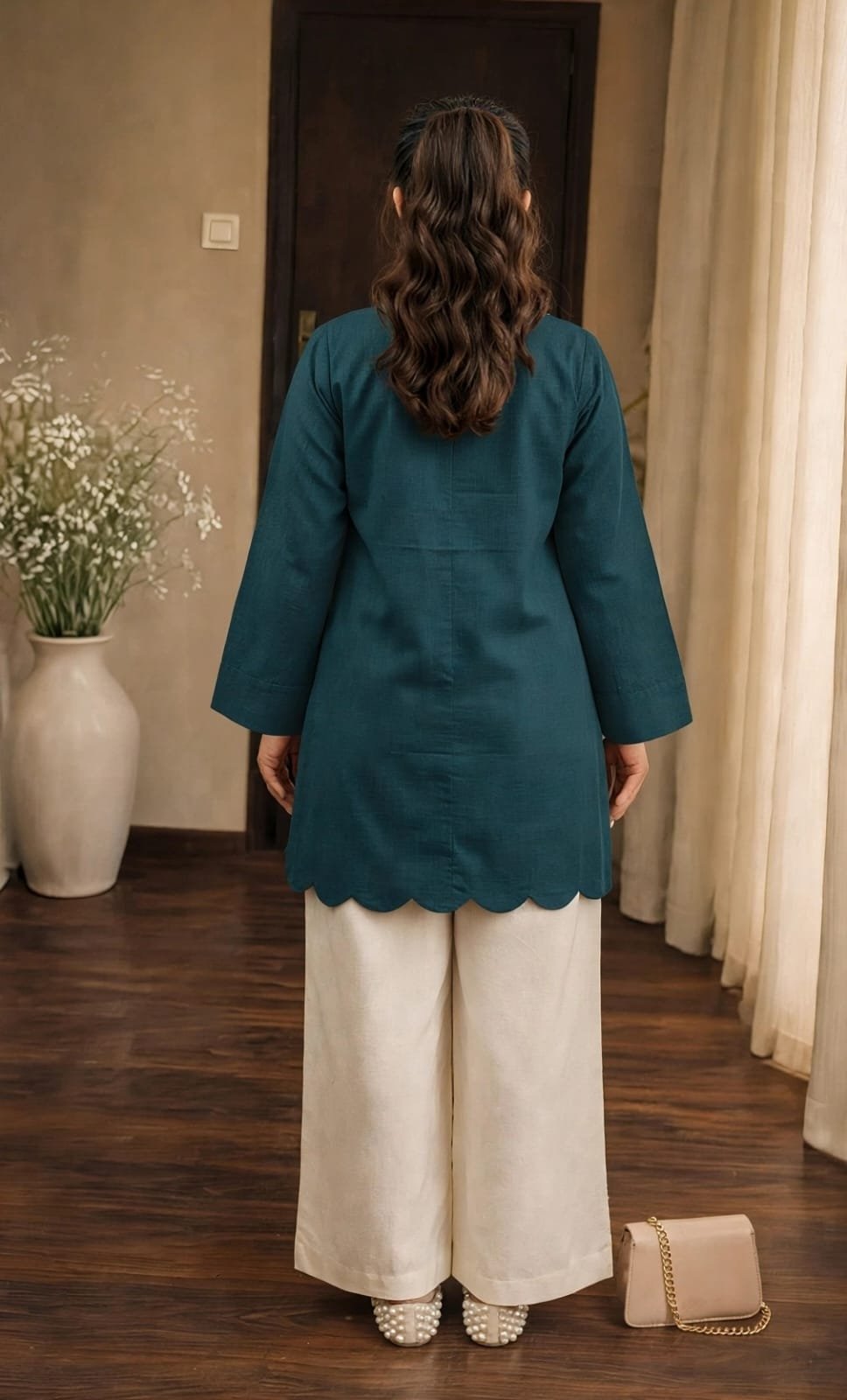 Teal Blue Scallop Cordset with White Palazzo Set for Women - Image 2