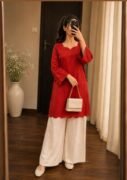 Red Elegant Kurti with White Palazzo Set for Women