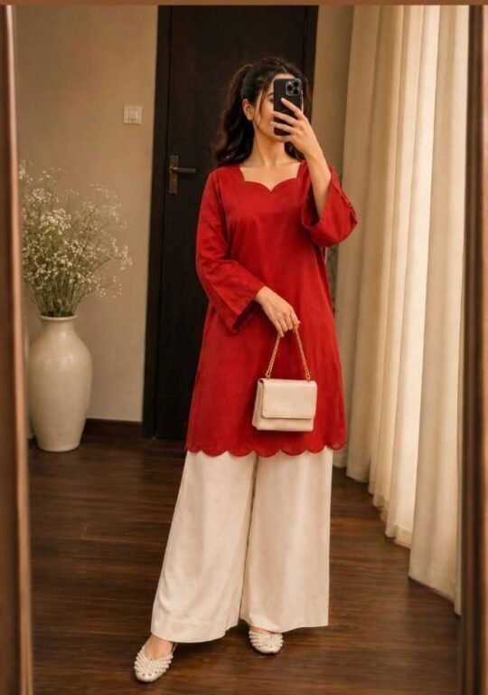 Red Elegant Kurti with White Palazzo Set for Women