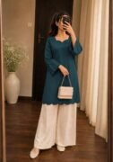 Teal Blue Scallop Cordset with White Palazzo Set for Women
