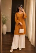 Women’s Mustard Yellow Cord Set with White Palazzo Pants