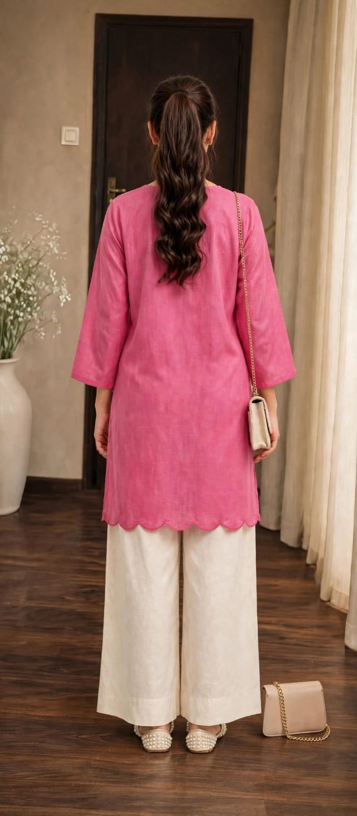 Women’s Pink Solid Straight Kurti with White Palazzo - Image 2
