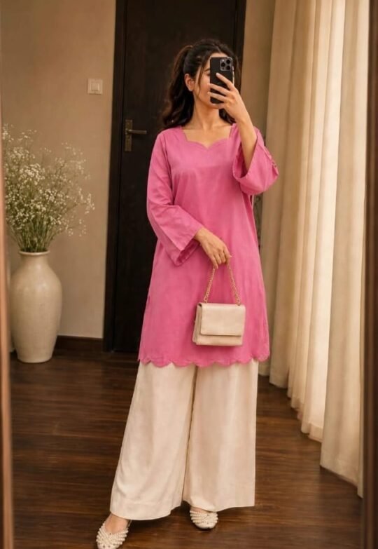 Women’s Pink Solid Straight Kurti with White Palazzo