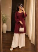 Women’s Maroon Solid Cord Set with White Palazzo