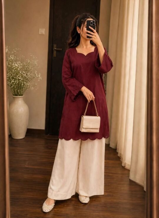 Women’s Maroon Solid Cord Set with White Palazzo