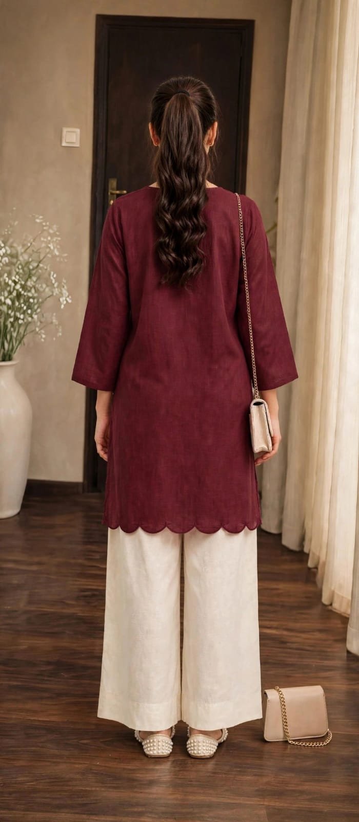 Women’s Maroon Solid Cord Set with White Palazzo - Image 2