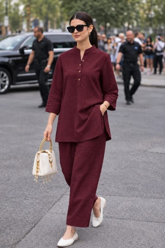 Women’s Maroon Solid Kurta Pant Co-Ord Set